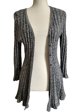 Gray Ribbed Open-Front Cardigan Sweater